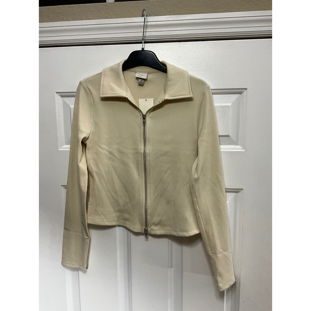 A New Day Womens Cream Ribbed Full Zip Long Sleeve Collar Top Small New